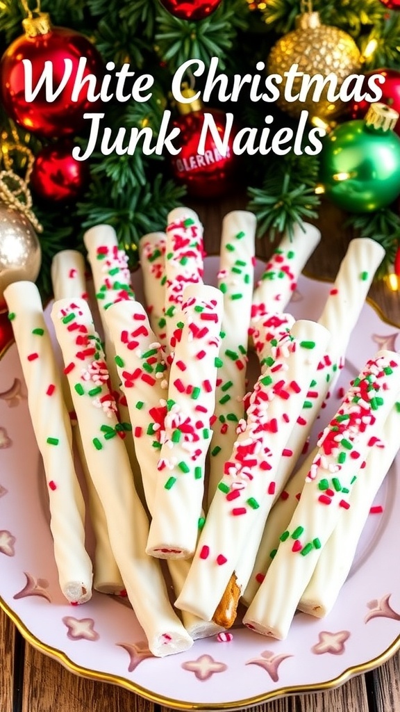 White chocolate coated pretzel sticks with sprinkles and candy canes, arranged on a festive plate.